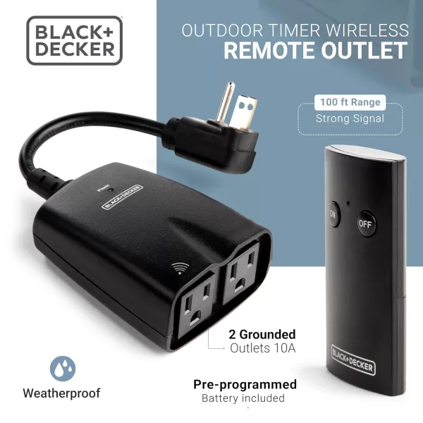 BLACK+DECKER Wireless Outdoor Timer Outlet with Remote, 2 Grounded Outlets, Photocell Sensor