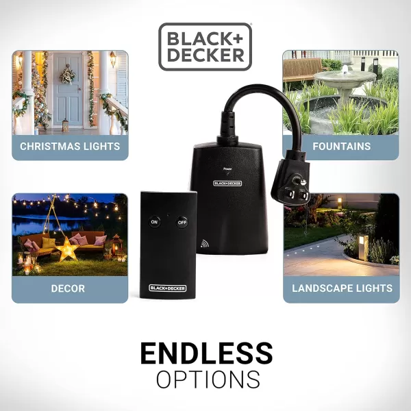 BLACK+DECKER Wireless Outdoor Timer Outlet with Remote, 2 Grounded Outlets, Photocell Sensor