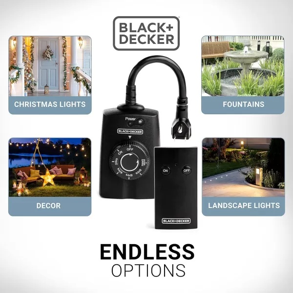 BLACK+DECKER Wireless Outdoor Timer Outlet with Remote, 2 Grounded Outlets, Photocell Sensor