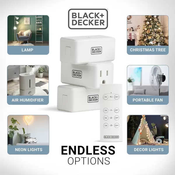 BLACK+DECKER Wireless Remote-Control Outlet, Pack of 3 Outlets, 1 Remote - Premium Light Switches