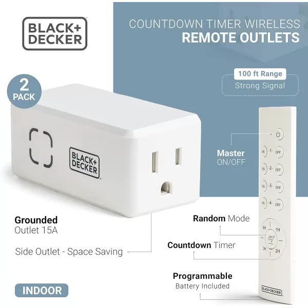 BLACK+DECKER Wireless Remote-Control Outlet Timers, Pack of 2 Grounded Outlets, 1 Remote