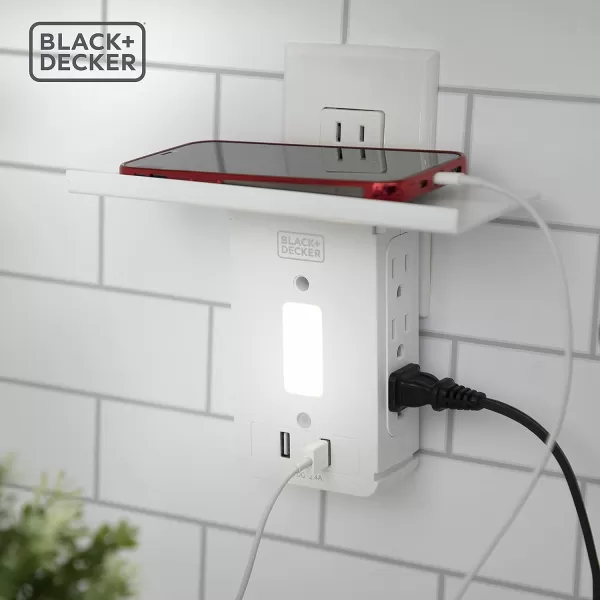 Black+Decker Surge Protector Outlet Shelf with Night Light, 6 Grounded Outlets, 2 USB, 100 Lumen