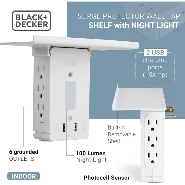 Black+Decker Surge Protector Outlet Shelf with Night Light, 6 Grounded Outlets, 2 USB, 100 Lumen