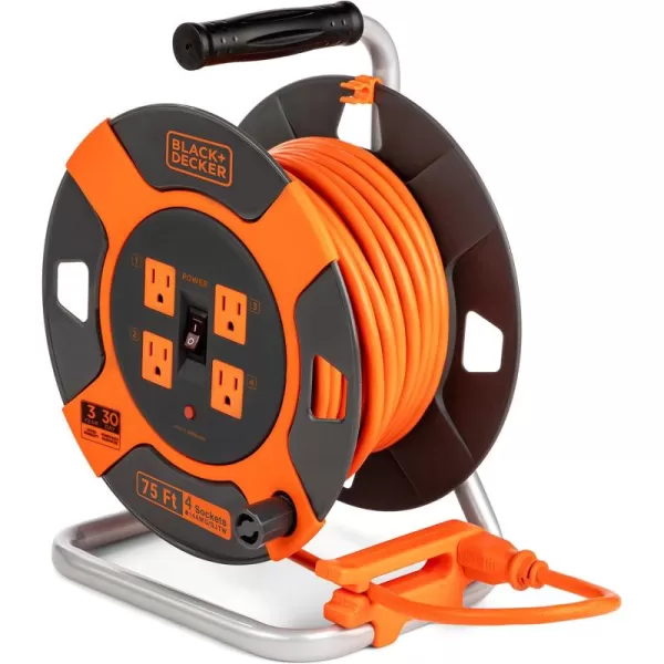 BLACK+DECKER 75 Ft. Retractable Extension Cord Reel With 4 Outlets, Multi-Plug Extension, Easy Handle Rewind &amp; Heavy-Duty 14AWG SJTW Cable