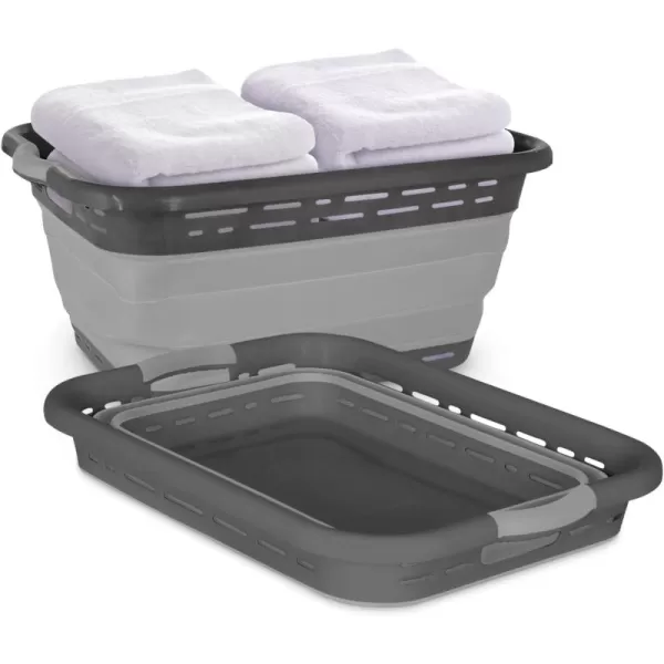 BLACK+DECKER Large 25" Slim Collapsible Plastic Laundry Basket, Space Saving Portable Pop Up Storage &amp; Organization Basket, 3" High When Folded, Dual Comfort Grip Handles, Grey &amp; White…