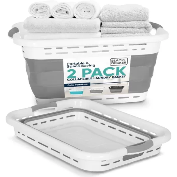 BLACK+DECKER Large 25" Slim Collapsible Plastic Laundry Basket, Space Saving Portable Pop Up Storage &amp; Organization Basket, 3" High When Folded, Dual Comfort Grip Handles, Grey &amp; White…