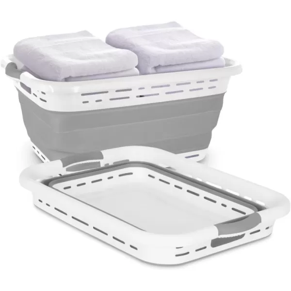 BLACK+DECKER Large 25" Slim Collapsible Plastic Laundry Basket, Space Saving Portable Pop Up Storage &amp; Organization Basket, 3" High When Folded, Dual Comfort Grip Handles, Grey &amp; White…