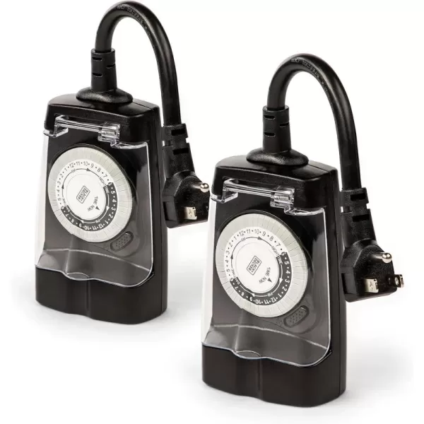 BLACK+DECKER Outdoor Timer, 2 Pack, with 2 Grounded Outlets - Waterproof Outlet Timer with 30-Minute Intervals for Lights, Holiday Decorations - Analog Light Timers with Outlet On/Timer On Switch
