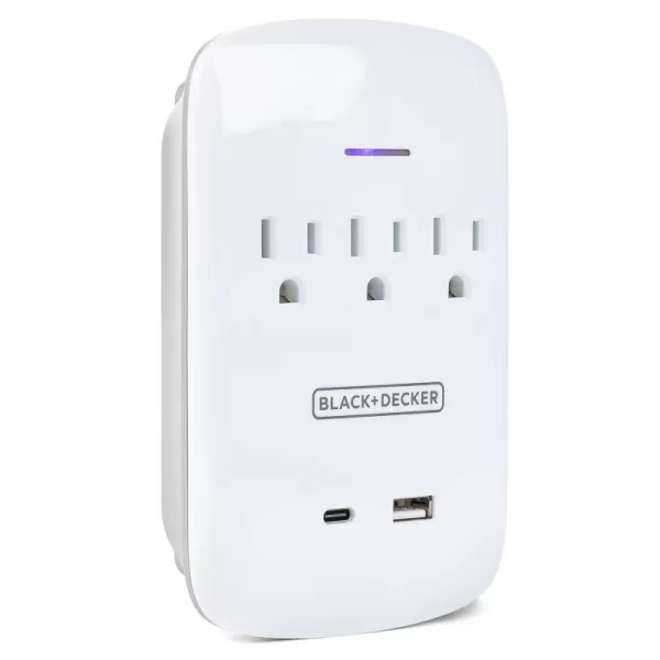 BLACK+DECKER Surge Protector Wall Mount with 3 Grounded Outlets, 2 USB Charging Ports - Power Adapter Tap and USB Wall Charger with USB-C, Indicator Light, Auto Shutdown - 3-Prong Power Outlet Plug