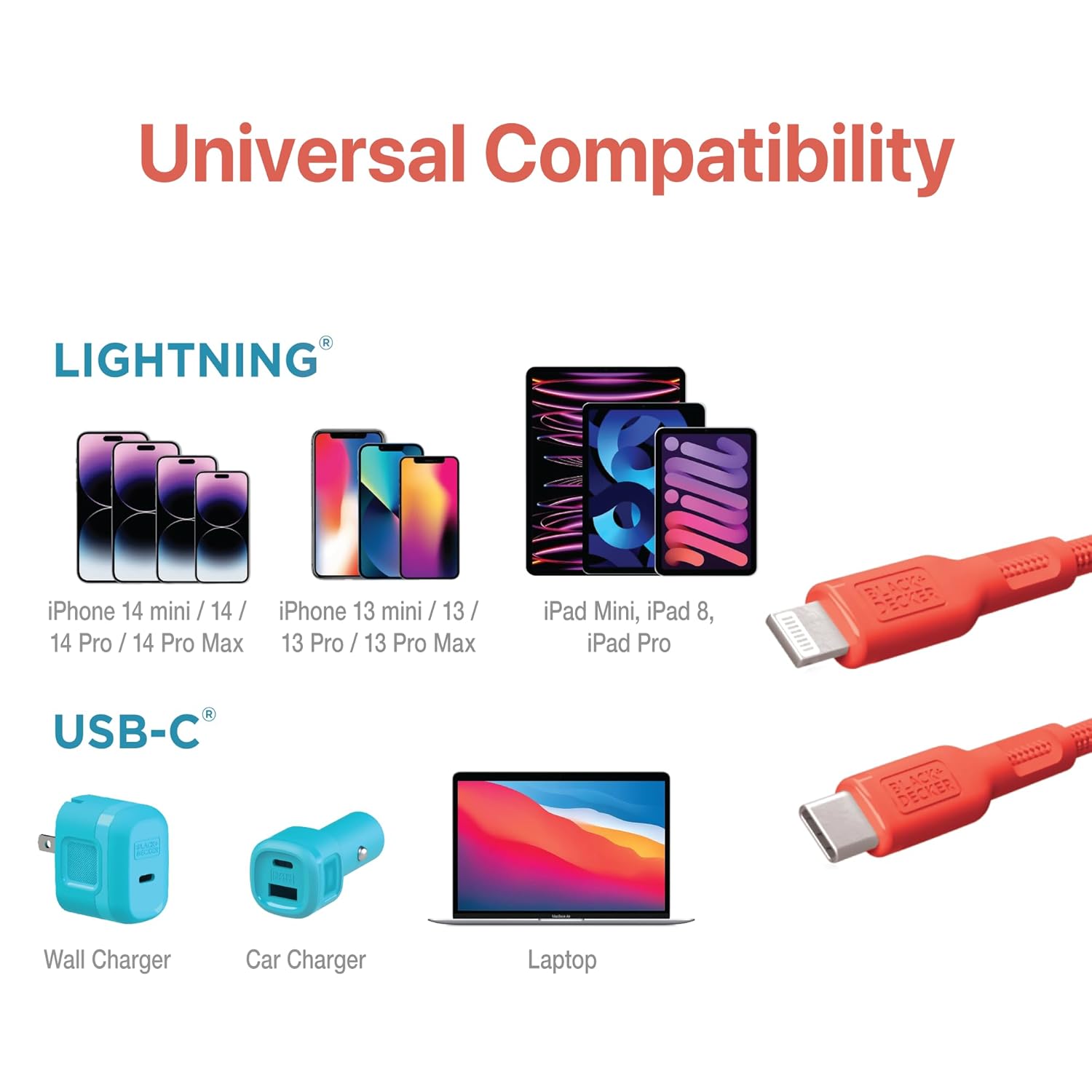 BLACK+DECKER USB C to Lightning Cable - Fast Compatible iPhone Lightning Cable - Durable Braided Type C iPhone Charger Cord - for Travel and Daily Use - Multiple Colors and Lengths - 6ft