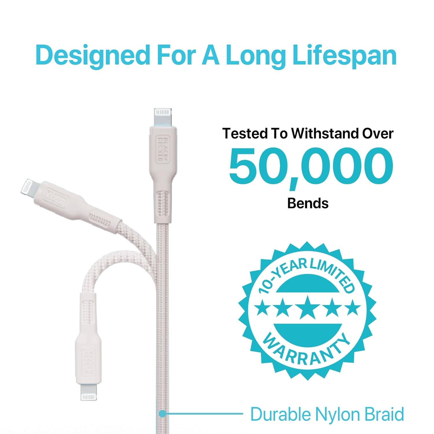 BLACK+DECKER USB C to Lightning Cable - Fast Compatible iPhone Lightning Cable - Durable Braided Type C iPhone Charger Cord - for Travel and Daily Use - Multiple Colors and Lengths - 6ft