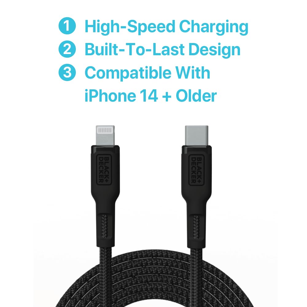 BLACK+DECKER USB C to Lightning Cable - Fast Compatible iPhone Lightning Cable - Durable Braided Type C iPhone Charger Cord - for Travel and Daily Use - Multiple Colors and Lengths - 6ft