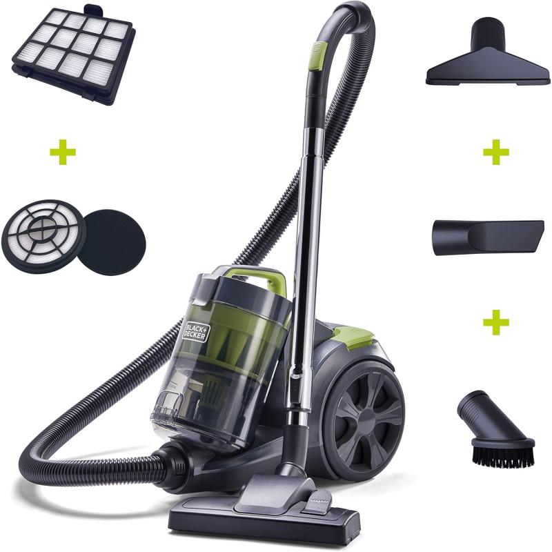 BLACK+DECKER Bagless Canister Multi-Cyclonic Vacuum Cleaner with Anti-Allergen HEPA Filter, Corded 1,200 Watt Motor with Adjustable Suction, Large Cap. &amp; Multiple Attachments, Gray