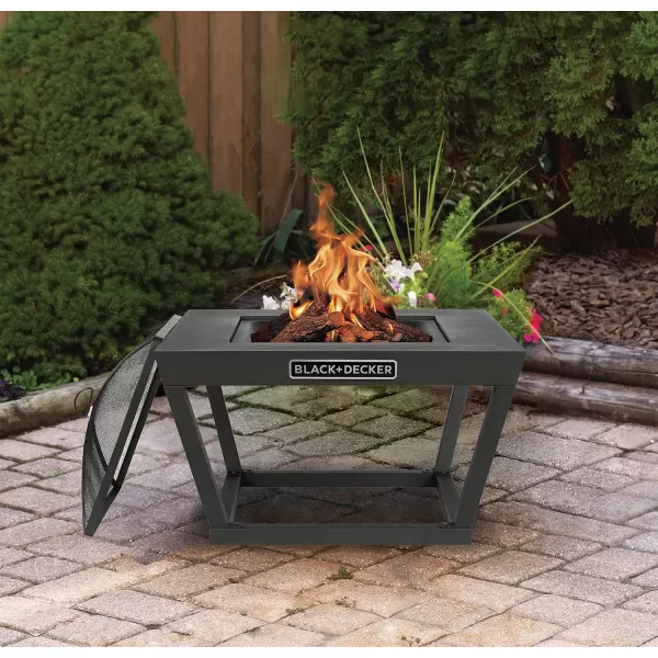 BLACK + DECKER 32" Sq Steel Wood burning fire pit Outdoor backyard use includes mesh lid &amp; poker Black