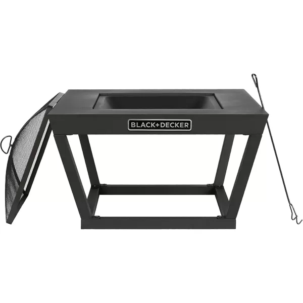 BLACK + DECKER 32" Sq Steel Wood burning fire pit Outdoor backyard use includes mesh lid &amp; poker Black