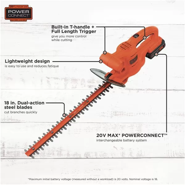 BLACK+DECKER 20V MAX Hedge Trimmer, Cordless, 18 inch Blade, Reduced Vibration, Battery and Charger Included 
