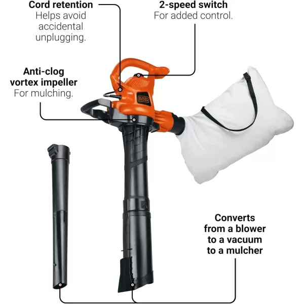BLACK+DECKER 3-in-1 Leaf Blower, Leaf Vacuum and Mulcher, Up to 230 MPH, 12 Amp, Corded Electric 