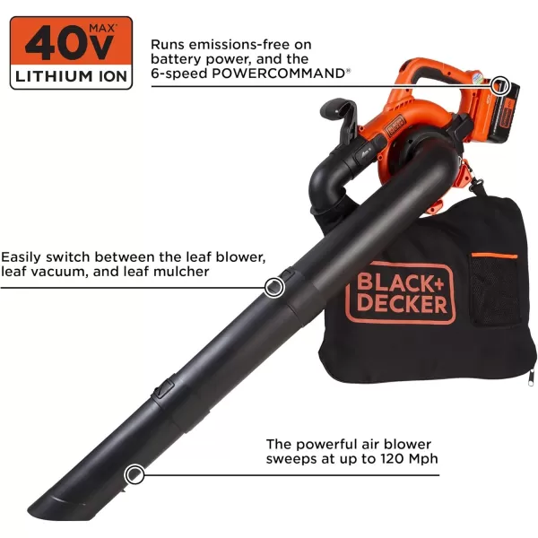 BLACK+DECKER 40V Cordless Leaf Blower Kit, 120 mph Air Speed, 6-Speed Dial, Built-In Scraper, With Collection Bag, Battery and Charger Included 