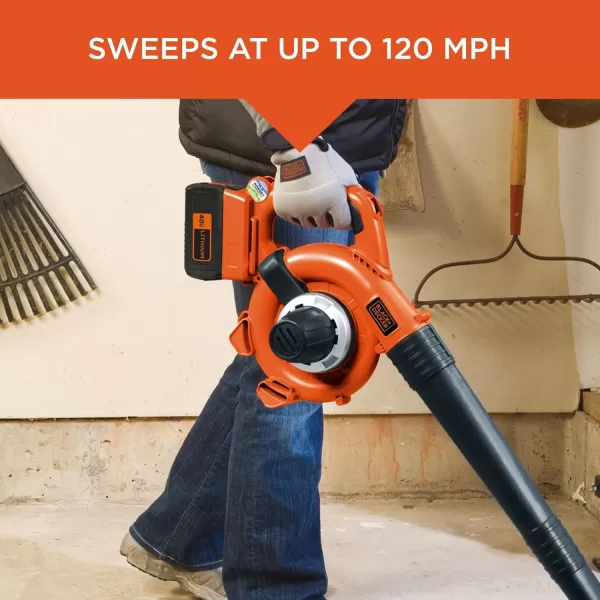 BLACK+DECKER 40V Cordless Leaf Blower Kit, 120 mph Air Speed, 6-Speed Dial, Built-In Scraper, With Collection Bag, Battery and Charger Included 