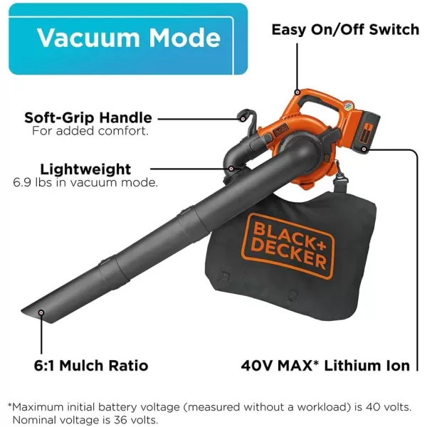 BLACK+DECKER 40V Cordless Leaf Blower Kit, 120 mph Air Speed, 6-Speed Dial, Built-In Scraper, With Collection Bag, Battery and Charger Included 