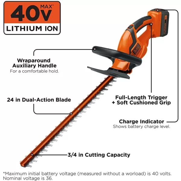 BLACK+DECKER 40V MAX Hedge Trimmer, Cordless, 24-Inch Blade, Battery and Charger Included 