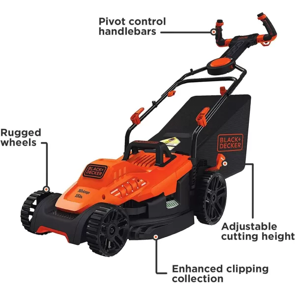 BLACK+DECKER Electric Lawn Mower with Bike Handle, 15-Inch, 10-Amp, Corded 