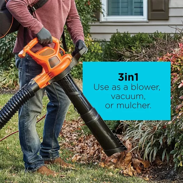 BLACK+DECKER Electric Leaf Blower, Leaf Vacuum and Mulcher 3 in 1, 250 mph Airflow, 400 cfm Delivery Power, Reusable Bag Included, Corded 