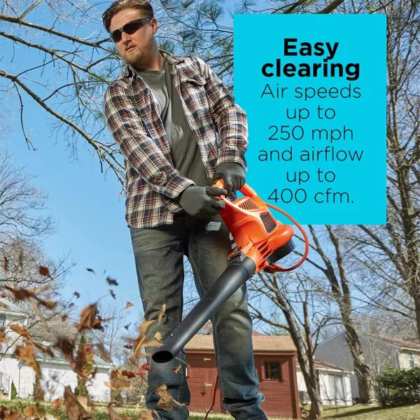 BLACK+DECKER Electric Leaf Blower, Leaf Vacuum and Mulcher 3 in 1, 250 mph Airflow, 400 cfm Delivery Power, Reusable Bag Included, Corded 
