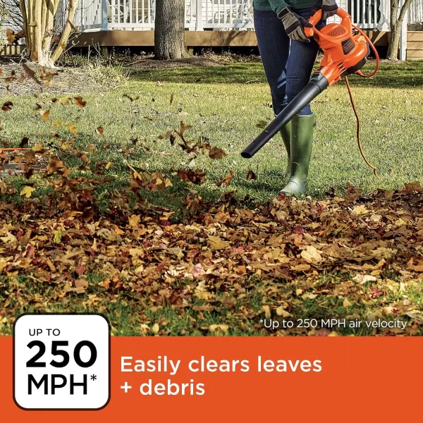 BLACK+DECKER Electric Leaf Blower, Leaf Vacuum and Mulcher 3 in 1, 250 mph Airflow, 400 cfm Delivery Power, Reusable Bag Included, Corded 