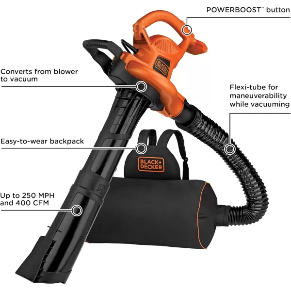 BLACK+DECKER Electric Leaf Blower, Leaf Vacuum and Mulcher 3 in 1, 250 mph Airflow, 400 cfm Delivery Power, Reusable Bag Included, Corded 