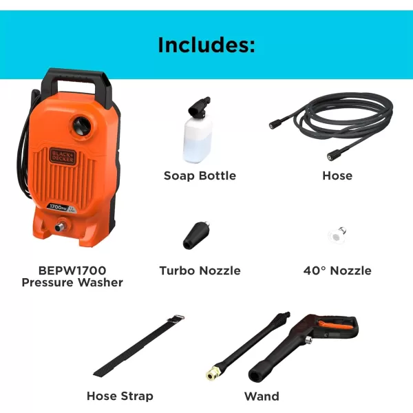 BLACK+DECKER Electric Pressure Washer, Cold Water, 1700 PSI, 1.2 GPM 