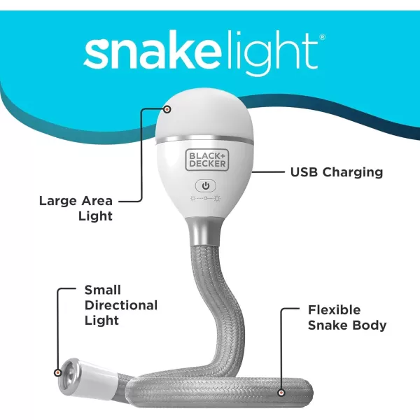 BLACK+DECKER Snake Light, Use for Book Light, Desk Light, and Work Light, 2 Settings, Flexible and Rechargeable 