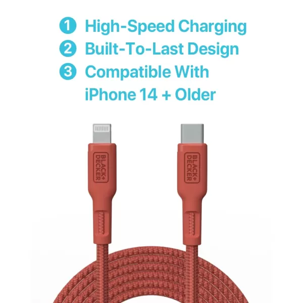 BLACK+DECKER USB C to Lightning Cable - Fast Compatible iPhone Lightning Cable - Durable Braided Type C iPhone Charger Cord - for Travel and Daily Use - Multiple Colors and Lengths - 6ft