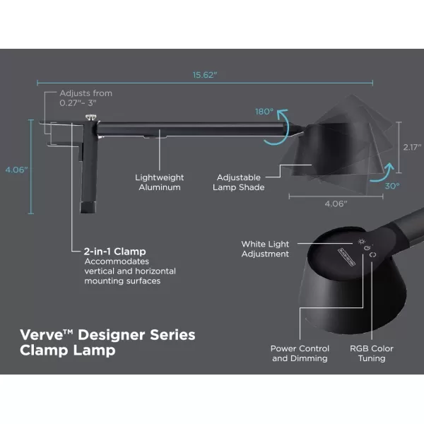 BLACK+DECKER Verve Designer LED Clamp Light, Fits Shelves, Cubicles &amp; Headboards, True White LED + 16M RGB Colors