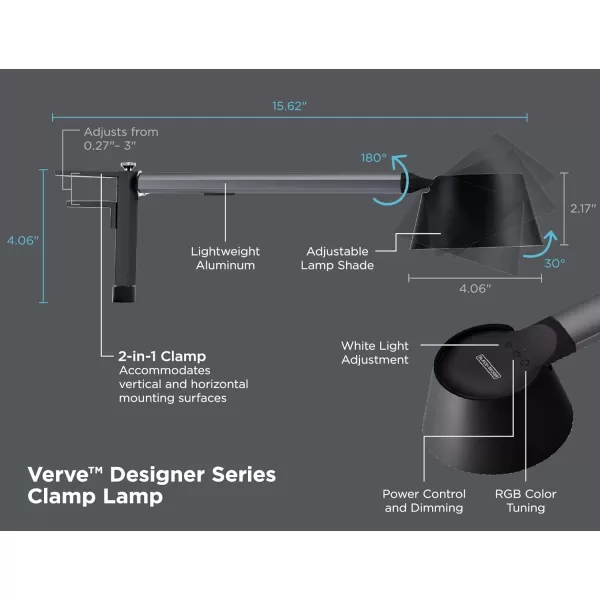 BLACK+DECKER Verve Designer LED Clamp Light, Fits Shelves, Cubicles &amp; Headboards, True White LED + 16M RGB Colors
