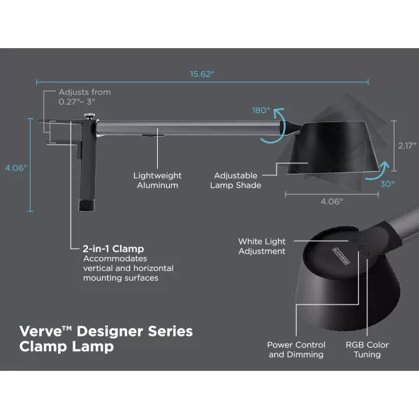 BLACK+DECKER Verve Designer Smart Clamp Light, Works with Alexa, Fits Cubicles &amp; Headboards, Auto-Circadian Mode, True White LED + 16M RGB Colors,