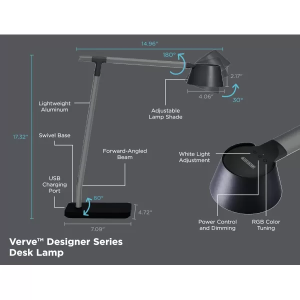 BLACK+DECKER Verve Designer Smart Desk Lamp, Works with Alexa, Auto-Circadian Mode, True White LED + 16M RGB Colors, USB Charging Port,