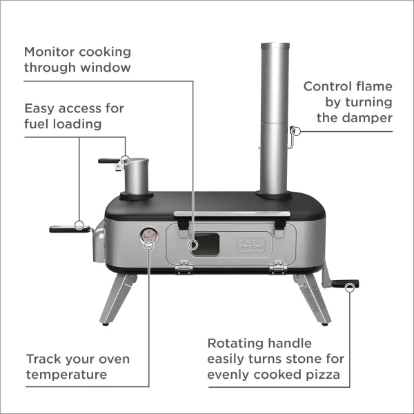 BLACK+DECKER vera Pizza Oven, Outdoor, Wood - Charcoal - Pellet Fired Pizza Oven, Rotating Handle and Temperature Gauge, Portable with Folding Legs for Easy Storage 