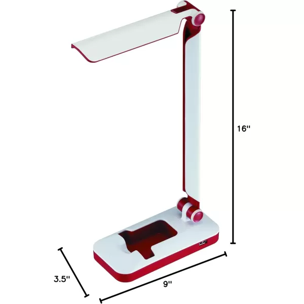 Black and Decker Office LED3FOLD-WHTRED PureOptics Verve 5W Flicker-Free Natural Daylight LED Desk Lamp with USB Charging Port, Phone Stand, 2 Dimming Levels , 16" x 9" x 3.5", White/Red