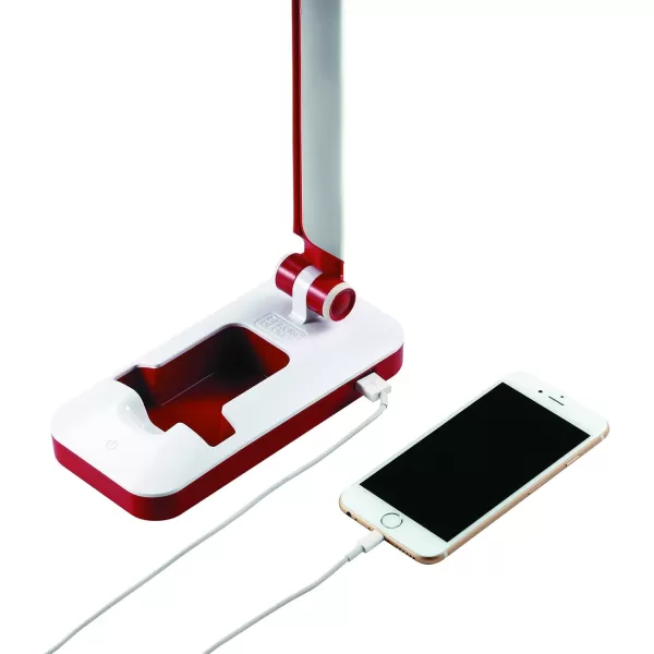 Black and Decker Office LED3FOLD-WHTRED PureOptics Verve 5W Flicker-Free Natural Daylight LED Desk Lamp with USB Charging Port, Phone Stand, 2 Dimming Levels , 16" x 9" x 3.5", White/Red