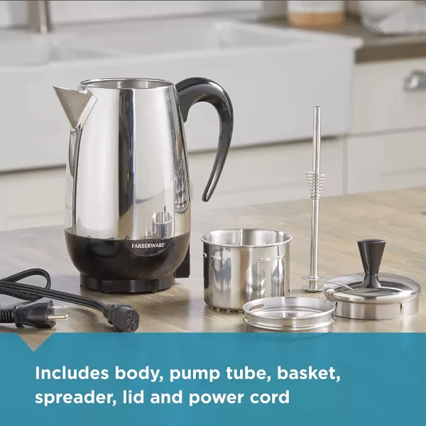 Farberware Electric Coffee Percolator, FCP412, Stainless Steel Basket, Automatic Keep Warm, No-Drip Spout, 12 Cup