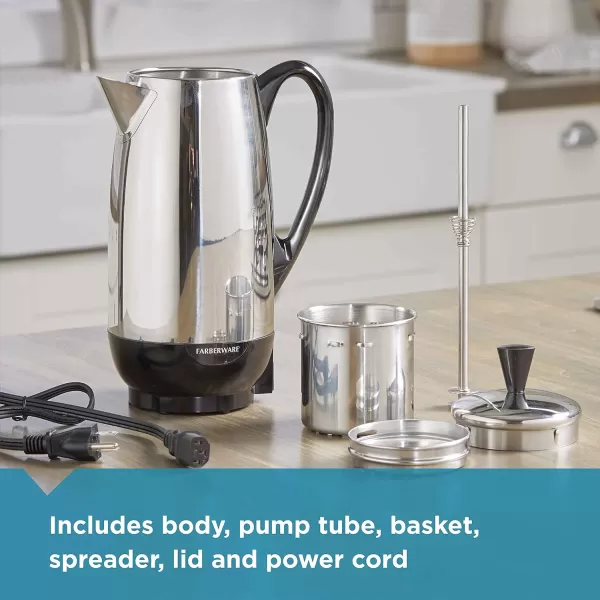 Farberware Electric Coffee Percolator, FCP412, Stainless Steel Basket, Automatic Keep Warm, No-Drip Spout, 12 Cup