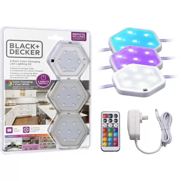 BLACK+DECKER LEDUC-PUCK-3RGB Color Changing LED Puck Light Kit with Remote, Tool-Free Install, Dimmable, 3-Pack, RGBW 