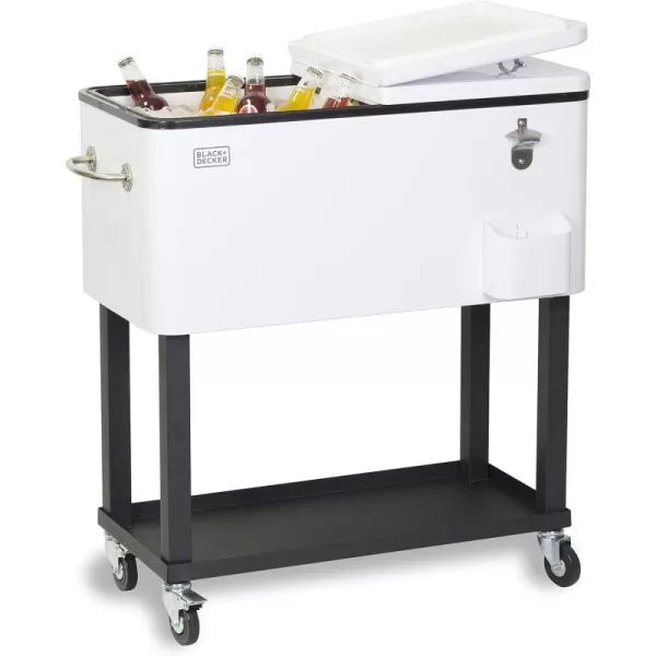 BLACK+DECKER Mobile Cooler on Wheels, 20 Gallon Insulated Rolling Cart with Stainless Steel Bottle Opener, Bar Cart with Wheels and Beverage Cooler with Drain, Ice Chest with Wheels, White