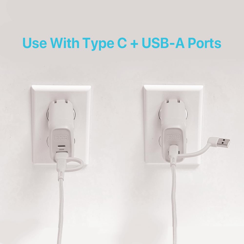 BLACK+DECKER 2-in-1 Type C Combo Cable with USB Adapter - Native Type C to C Charge Cord - Compatible iPhone 15 Braided Cable - for Travel and Daily Use - Attached Adapter with Multiple Colors - 3ft