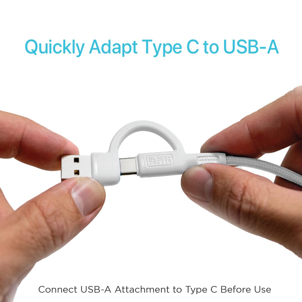 BLACK+DECKER 2-in-1 Type C Combo Cable with USB Adapter - Native Type C to C Charge Cord - Compatible iPhone 15 Braided Cable - for Travel and Daily Use - Attached Adapter with Multiple Colors - 3ft