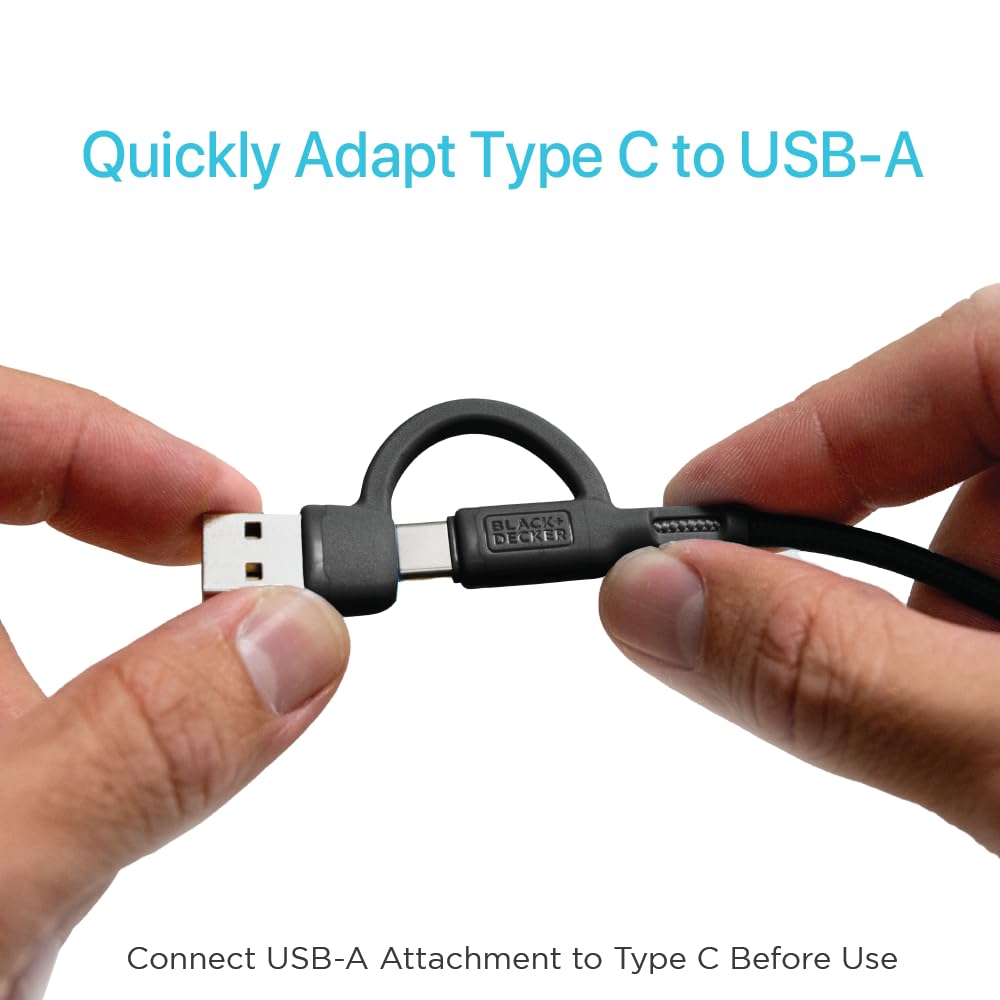 BLACK+DECKER 2-in-1 Type C Combo Cable with USB Adapter - Native Type C to C Charge Cord - Compatible iPhone 15 Braided Cable - for Travel and Daily Use - Attached Adapter with Multiple Colors - 3ft