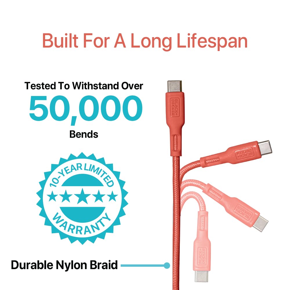 BLACK+DECKER 2-in-1 Type C Combo Cable with USB Adapter - Native Type C to C Charge Cord - Compatible iPhone 15 Braided Cable - for Travel and Daily Use - Attached Adapter with Multiple Colors - 3ft
