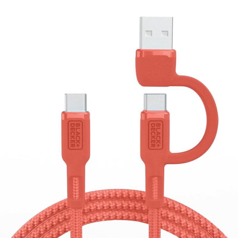 BLACK+DECKER 2-in-1 Type C Combo Cable with USB Adapter - Native Type C to C Charge Cord - Compatible iPhone 15 Braided Cable - for Travel and Daily Use - Attached Adapter with Multiple Colors - 3ft