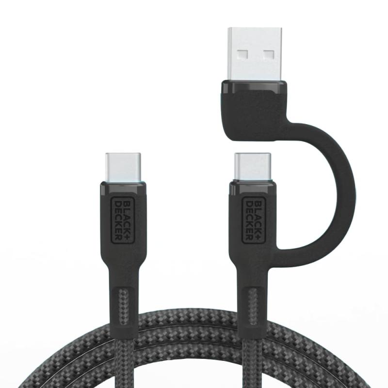 BLACK+DECKER 2-in-1 Type C Combo Cable with USB Adapter - Native Type C to C Charge Cord - Compatible iPhone 15 Braided Cable - for Travel and Daily Use - Attached Adapter with Multiple Colors - 3ft